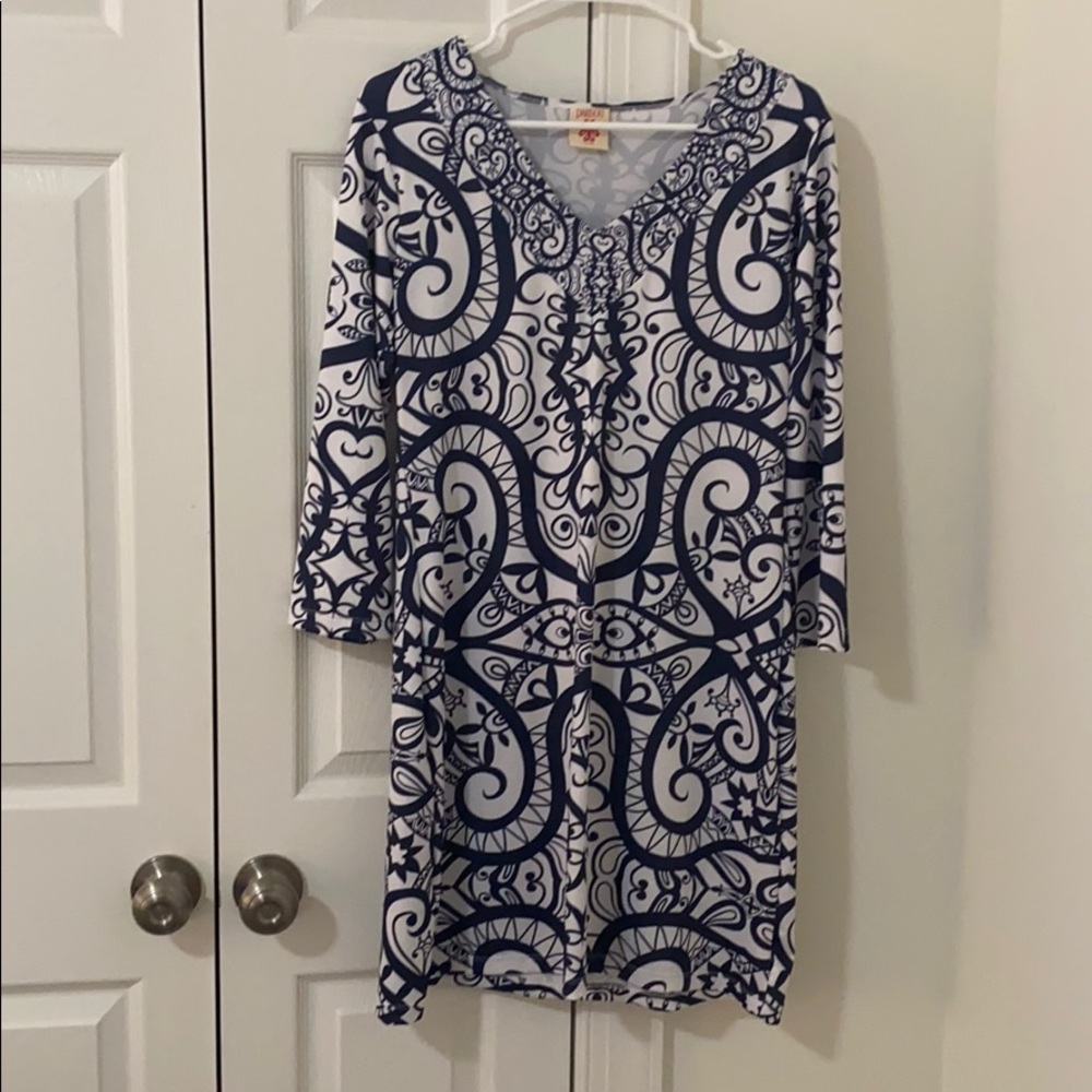Michelle Parisou blue and white dress